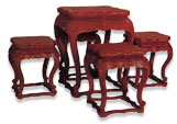 Square table and stools with carved floral design, red lacquer, Qing, 1644-1911.